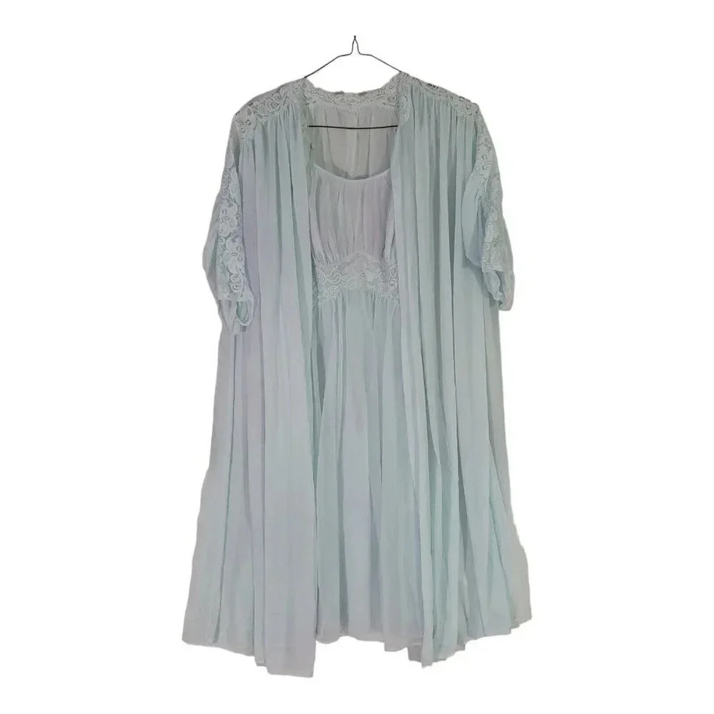 50s Vintage Vanity Fair Slip Gown & Peignoir Tricot Nylon Set Blue Lingerie MCM